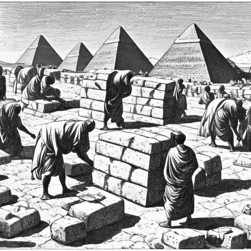 Prompt: A scene depicting the as yet unknown, true method by which the Egyptians moved stones weighing many thousands of tons over hundreds of miles.