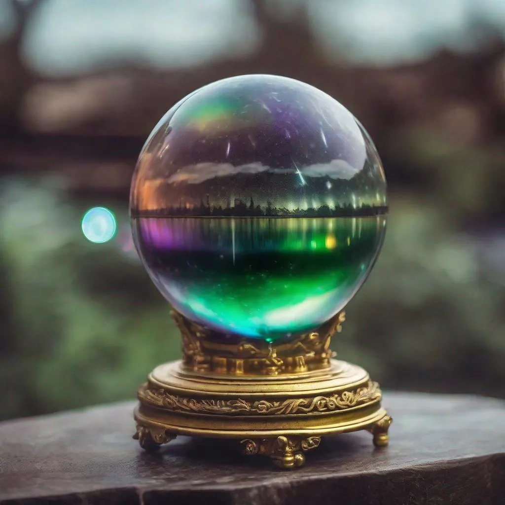 Prompt: A spectacular beachball-sized antique crystal ball with a thunderstorm & UFO inside of it & an iridescent gold, silver, copper, bronze & metallic purple & obsidian acrylic colored standing base on it, & green mists hanging in the air. Professional photography, bokeh, ultra quality, 8k resolution holographic astral cosmic, natural lighting, canon lens, shot on dslr 64 megapixels sharp focus intricate details, HDR, beautifully shot, hyperrealistic, sharp focus, 64 megapixels, perfect composition, high contrast, cinematic, atmospheric, acrylic, high contrast, colorful polychromatic, ultra detailed, 