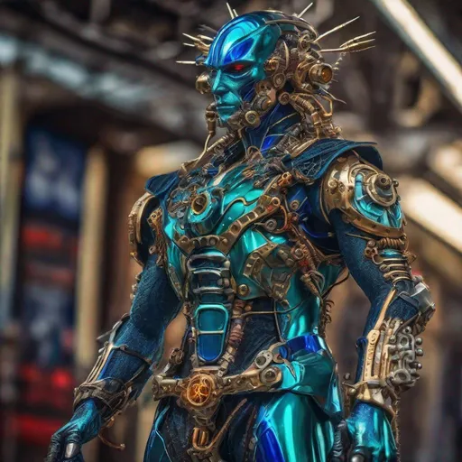 Prompt: CoVid humanoid supervillian with metallic teal base colored armor spotted with black-outlined cobalt blue rings mixed with protruding short metallic red spike-protein like connectors & longer thinner spike-protein-hair, & all chrome glass & gold accessories, weapons, & tools including grapple hook. Steampunk. intricate details, HDR, colorful polychromatic, beautifully shot, hyperrealistic, sharp focus, 64 megapixels, perfect composition, high contrast Professional photography, natural lighting, canon lens, shot on dslr 64 megapixels, color depth, dramatic, colorful background, high contrast, ultra detailed, ultra quality, a masterpiece, 8k resolution, hyperdetailed, volumetric lighting