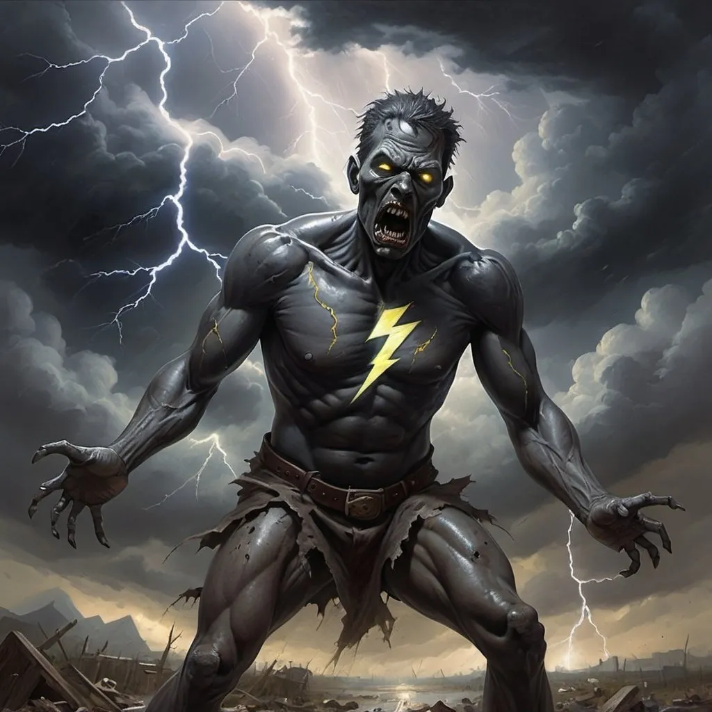 Prompt:  A zombie-Zues is up in dark storm clouds, hurling metallic black lightning in a tantrum. A masterpiece painting.