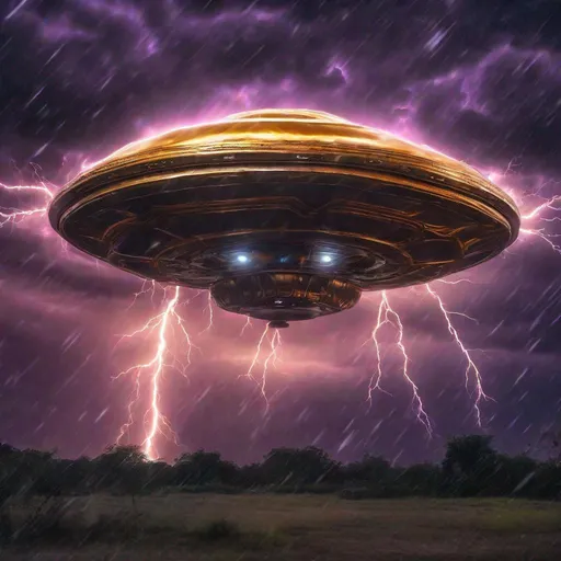 Prompt: A spectacular thunderstorm with a UFO inside of it & iridescent gold, silver, copper, bronze & metallic purple & obsidian acrylic colors. Professional photography, bokeh, ultra quality, 8k resolution holographic astral cosmic, natural lighting, canon lens, shot on dslr 64 megapixels sharp focus intricate details, HDR, beautifully shot, hyperrealistic, sharp focus, 64 megapixels, perfect composition, high contrast, cinematic, atmospheric, acrylic, high contrast, colorful polychromatic, ultra detailed, 