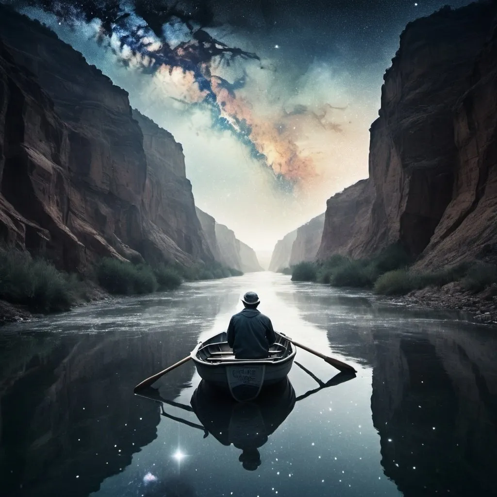 Prompt: Close up photo of double exposure image, with a starscape-filled former outline of fisherman & the rowboat he was rowing in a  rough canyon river. Movie style poster for "The Leftovers," television show. Professional photography