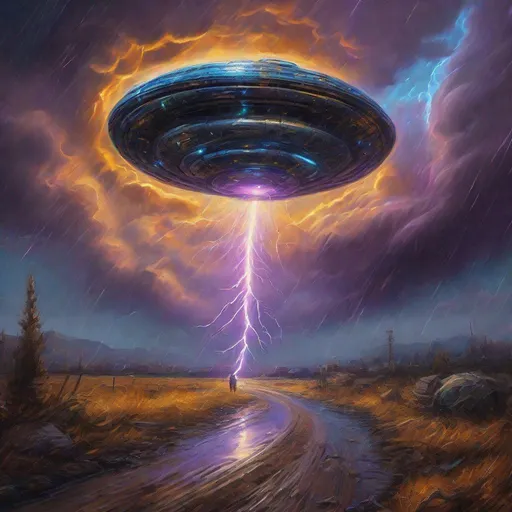 Prompt: A spectacular thunderstorm with a UFO inside of it & iridescent gold, silver, copper, bronze & metallic purple & obsidian acrylic colors. Van Goh style painting, ultra quality, 8k resolution holographic astral cosmic, natural lighting, intricate details, HDR, hyperrealistic, perfect composition, high contrast, cinematic, atmospheric, acrylic, high contrast, colorful polychromatic, ultra detailed, 