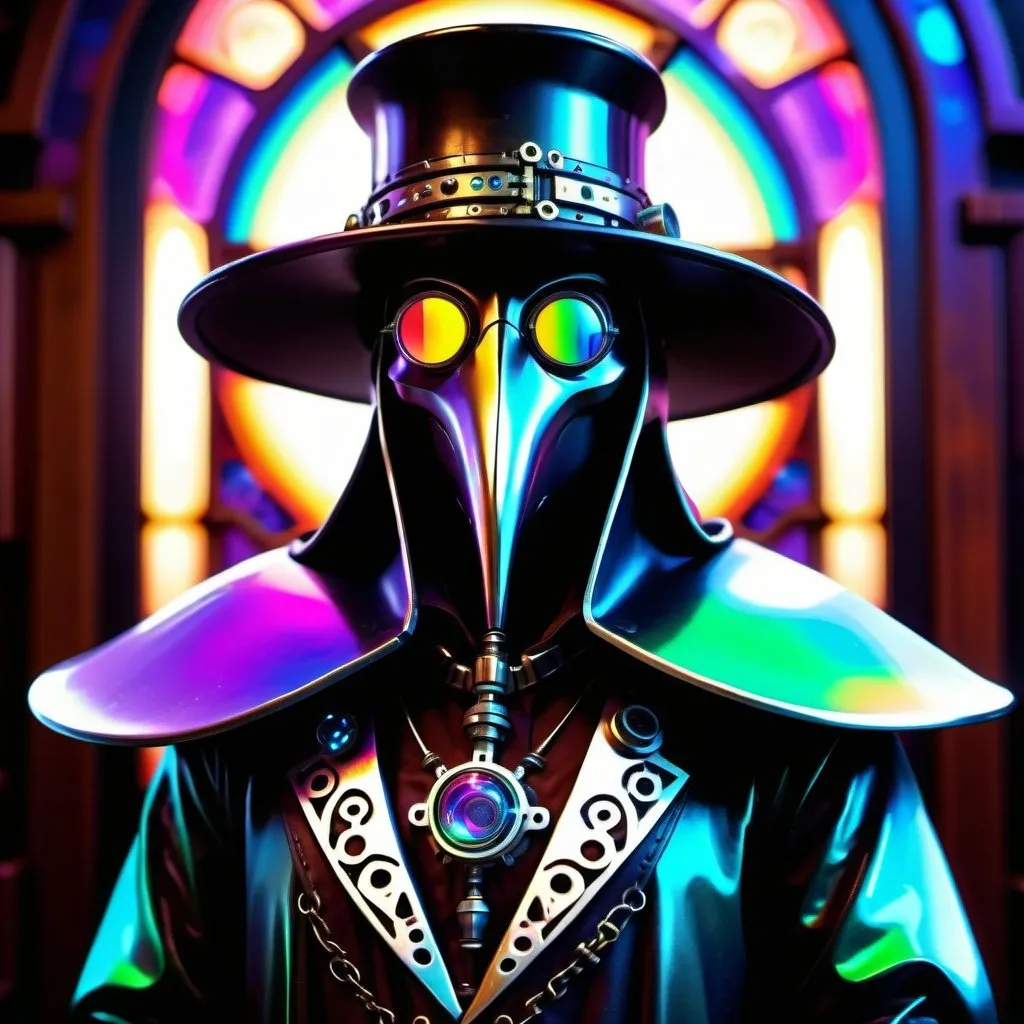 Prompt: A strange DMT realm plague doctor cyborg creature. Bright electric & metallic colored features, steampunk psychedelic, intricate details, All chrome & metallic primary colors, advanced. intricate details, HDR, beautifully shot, hyperrealistic, sharp focus, 64 megapixels, highly detailed mech mecha mechanical perfect composition, high contrast, cinematic, atmospheric, moody professional photography, bokeh, natural lighting, canon lens, shot on dslr 64 megapixels sharp focusDR, beautifully shot, hyperrealistic, sharp focus, 64 megapixels, deep acrylic sparkling metallic emerald gold blue purple & red, steampunk, 3D shading, full body, dark fantasy, cosmic iridescent, high contrast, art deco, colorful polychromatic, explosive, intricate details, 8k resolution holographic astral cosmic illustration mixed media by Pablo Amaringo oil gouache, dynamic lighting, ultra quality, CGSociety perfect composition, high contrast, cinematic, atmospheric, moody, with a view behind him through a window into inky-black space with oily rainbow sheen, 8k resolution holographic astral cosmic acrylic paint, oil gouache, brilliant metallic colors irridescent acrylic, high contrast, colorful polychromatic, ultra detailed, ultra quality, CGSociety 3D Game Cinematic Feel, Epic 3D Videogame Graphics, Intricately Detailed, 8K Resolution, Dynamic Lighting, Unreal Engine 5, CryEngine, Trending on ArtStation, HDR, 3D Masterpiece, Unity Render, Perfect Composition 3D Epic cinematic brilliant stunning intricate, high contrast, colorful cosmic polychromatic, intricate details.