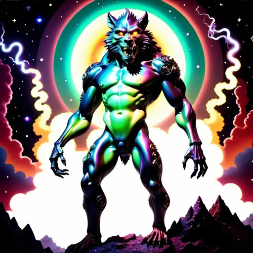 Prompt: A full body steampunk werewolf-dragon-bigfoot-demon hybrid cyborg creature standing on a bismuth-mountain under an electric-starscape with crackling electricity dancing everywhere. Steampunk, psychedelic, Iridescent acrylic, bismuth, 3D shading, dark fantasy, a storm of smoke, fractals, starscape, constellations, astrology, iridescent lightning, high astral cosmic illustration mixed media, acrylic, high contrast, colorful polychromatic, ultra detailed, art deco, colorful polychromatic, cinematic film still, intricate details, 8k resolution holographic astral cosmic illustration mixed media,dynamic lighting! super colorful polychromatic, blood red, onyx, bronze green, chrome, checkered hammered textures ultra quality. Hyperrealistic, concept art, mid shot, intricately detailed, color depth. vignette, color graded, post-processed, cinematic lighting, 35mm film, live-action, best quality, atmospheric, a masterpiece, epic, stunning, dramatic, busy background