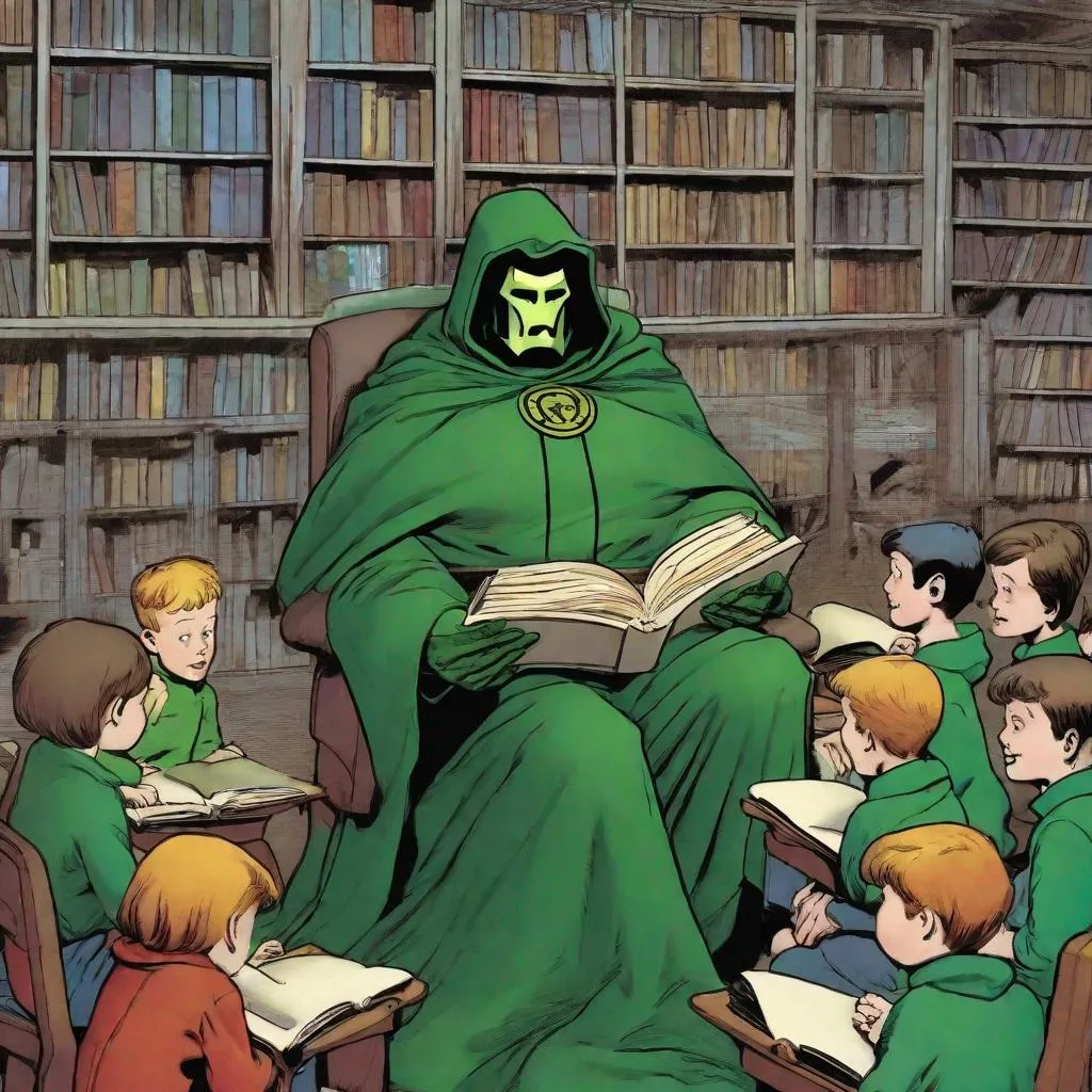 Prompt: Dr.Doom reads to schoolchildren.