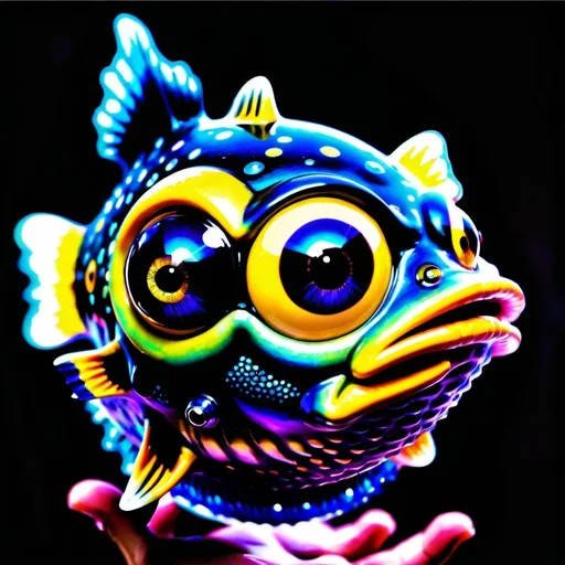 Prompt: A googly-eyed outer-space alien-mermaid-puffer fish hybrid creature. beautifully shot, hyperrealistic, sharp focus, 64 megapixels, Deep acrylic sparkling metallic primary colors, 3D shading, full body, dark fantasy! cosmic iridescent, high contrast, art deco, colorful polychromatic, explosive, intricate details, 8k resolution holographic astral cosmic illustration mixed media by Pablo Amaringo oil gouache, dynamic lighting! ultra quality, CGSociety perfect composition, high contrast, cinematic, atmospheric, moody, professional photography, bokeh, natural lighting, canon lens, shot on dslr 64 megapixels sharp focus