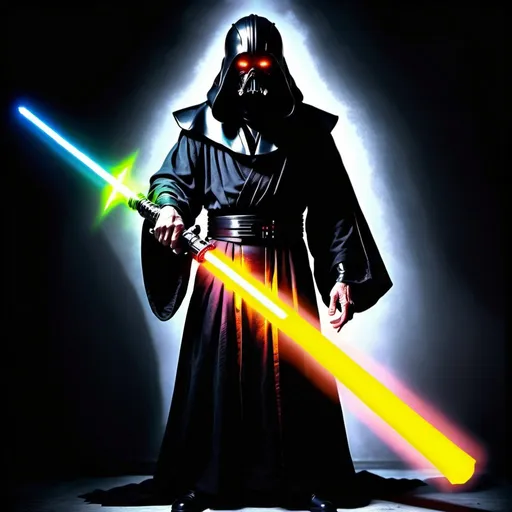 Prompt: A sith master that is a horrifying large mouthed creature with glowing yellow eyes in a black robe holding a single full length lightsaber-lazersword in one hand & he has the other hand extended towards the camera. The lightsaber should have an iridescent red-yellow-orange blade, & a smooth, claw-shaped obsidian handle. He should be wearing inky black leather & cloth robes. Cinematic film still, shot on v-raptor XL, film grain, vignette, color graded, post-processed, cinematic lighting, 35mm film, live-action, best quality, atmospheric, a masterpiece, epic, stunning, dramatic intricate details, HDR, beautifully shot, hyperrealistic, sharp focus, 64 megapixels, perfect composition, high contrast, cinematic, atmospheric, moody