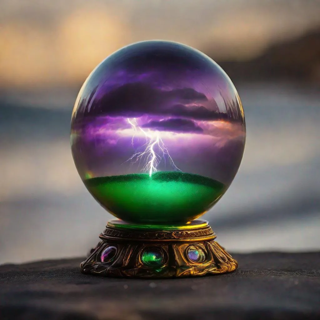 Prompt: A spectacular beachball-sized antique crystal ball with a thunderstorm & UFO inside of it & an iridescent gold, silver, copper, bronze & metallic purple & obsidian acrylic colored standing base on it, & green mists hanging in the air. Professional photography, bokeh, ultra quality, 8k resolution holographic astral cosmic, natural lighting, canon lens, shot on dslr 64 megapixels sharp focus intricate details, HDR, beautifully shot, hyperrealistic, sharp focus, 64 megapixels, perfect composition, high contrast, cinematic, atmospheric, acrylic, high contrast, colorful polychromatic, ultra detailed, 