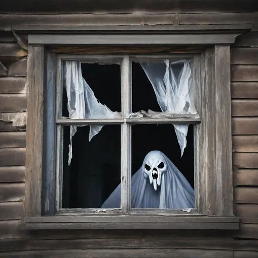 Prompt: An evil ghost peaks out of a window  of an abandoned haunted house.