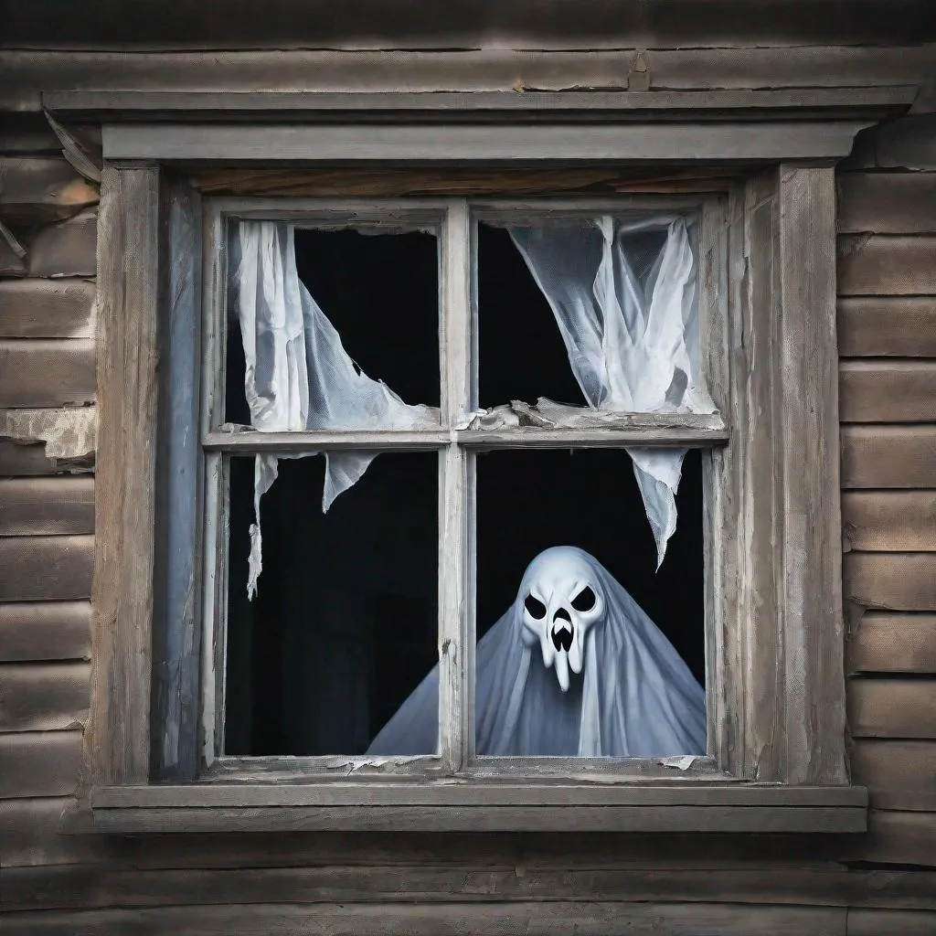 Prompt: An evil ghost peaks out of a window  of an abandoned haunted house.