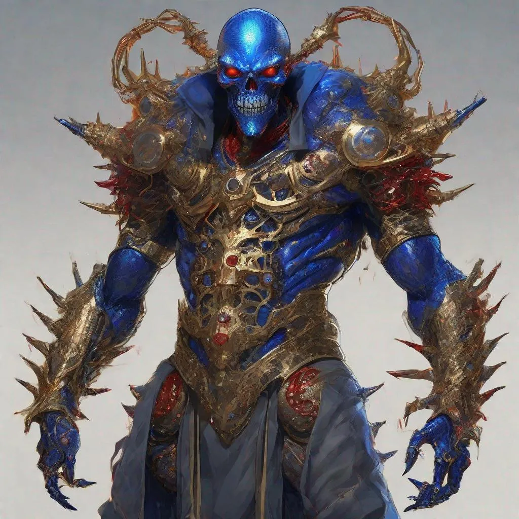 Prompt: CoVid humanoid supervillian with metallic grey torso armor spotted everywhere with golf-ball-sized black-outlined cobalt blue rings, & iridescent scaly head & facial skin, with six molten-gold eyes encircling his skull & rows of needle-like red spike-proteins shaped hairs on top & sharp crystal teeth, & his entire lower body is a rolling ball capable of moving any direction & that looks exactly like a medium-grey colored covid 19 virus with metallic red spike-proteins serving as treads. Steampunk. intricate details, HDR, colorful polychromatic, beautifully shot, hyperrealistic, sharp focus, 64 megapixels, perfect composition, high contrast Professional photography, natural lighting, canon lens, shot on dslr 64 megapixels, color depth, dramatic, high contrast, ultra detailed, ultra quality, a masterpiece, 8k resolution, hyperdetailed, volumetric lighting