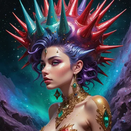 Prompt: The figure of an extremely beautiful, spiky hair-covered, female djinn rises & forms from an oil-slick puddle on the ground under a fantastic starscape on an entirely quartz planet. Deep acrylic sparkling metallic emerald gold blue purple & red, 3D shading, full body, dark fantasy! Treasure chests, luck, cosmic iridescent, high contrast, art deco, colorful polychromatic, explosive, intricate details, 8k resolution holographic astral cosmic illustration mixed media by Pablo Amaringo oil gouache, dynamic lighting! ultra quality, CGSociety