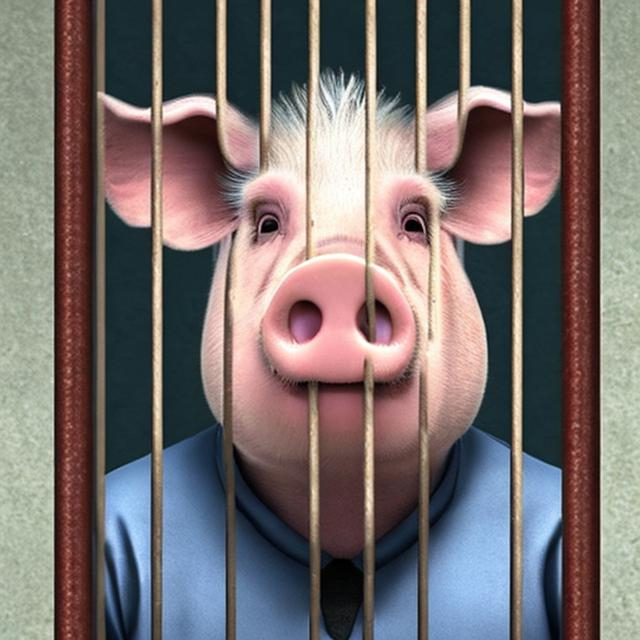 Prompt: A sad looking pig police officer behind bars.