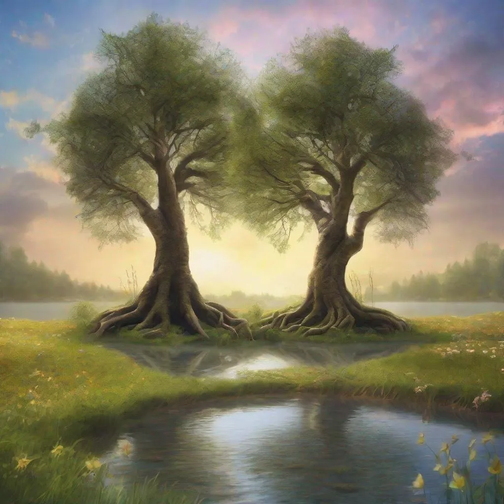 Prompt: A pair of trees step free of their root systems, in order to dance the lambada together beside a lake in a magical meadow.