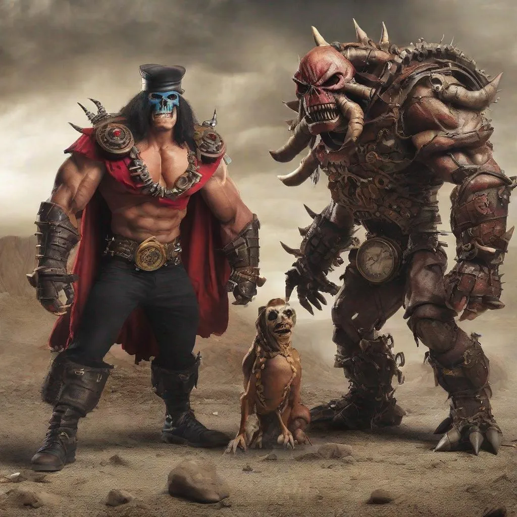 Prompt: MOTU Beast-Man & Skelator are enraged. Steampunk photo realstic 