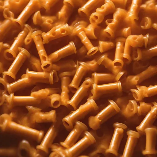 Prompt: A single heaping bowl full of identical standard orange plastic syringe FRONT caps slightly heat melted to look like Kraft Mac & Cheese. Professional photography, bokeh, only the longer needle-end caps, natural lighting, canon lens, shot on dslr 64 megapixels sharp focus."