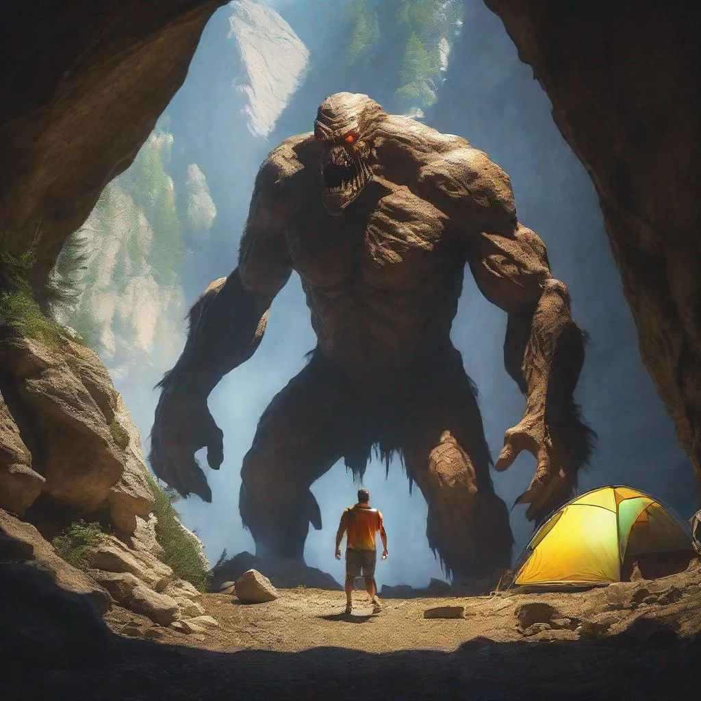 Prompt: An angry 35 foot tall wild giant humanoid emerges from a mountain cave & spots a family camping. Photo quality color perfect lighting 