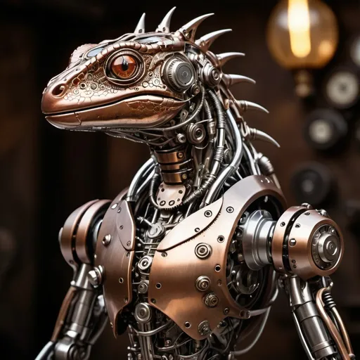 Prompt: All chrome & metallic bronze hammered copper, brushed steel, full body steampunk lizard-humanoid cyborg advanced. intricate details, HDR, beautifully shot, hyperrealistic, sharp focus, 64 megapixels, highly detailed mech mecha mechanical gears pistons cogs levers wires perfect composition, high contrast, cinematic, atmospheric, moody Professional photography, bokeh, natural lighting, canon lens, shot on dslr 64 megapixels sharp focus