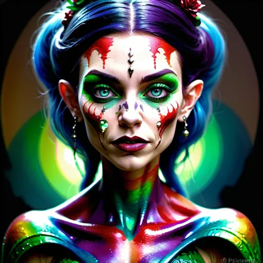 Prompt:  A full-body depiction of a beautiful full-body tatooed female-leprechaun-vampire hybrid creature. Gouache, acrylic, high contrast, colorful polychromatic metallic & iridescent colors, triadic green white brown purple, red. Epic cinematic brilliant stunning intricate meticulously detailed dramatic atmospheric maximalist digital matte painting , ultra detailed, ultra quality, CGSociety, iridescent blue & pewter gray. Professional photography, bokeh, natural lighting, canon lens, shot on dslr 64 megapixels sharp focus neo-impressionism expressionist style oil painting, smooth post-impressionist impasto acrylic painting, thick layers of colourful textured paint