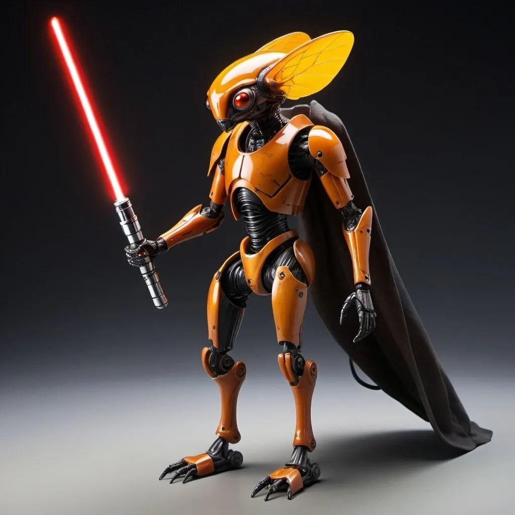 Prompt: A bipedal firefly-alien-creature jedi knight with multiple robotic cyborg-modifications & an amberina colored glowing lower abdomen & a single, matching amberina-colored lightsaber blade on an obsidian handle. 