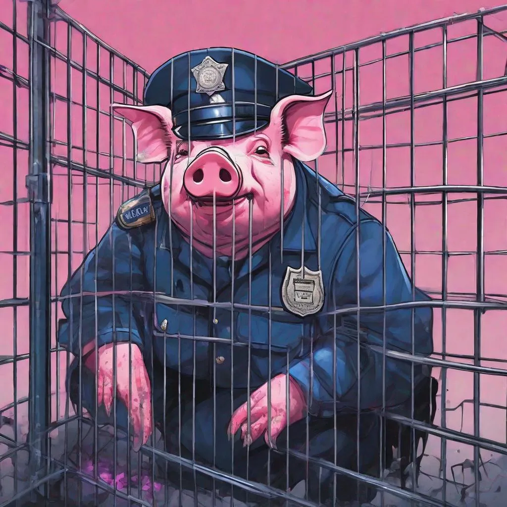 Prompt: A sad looking, pink-skinned, zombfiede humanoid pig-police officer in full, blue uniform in a cage.