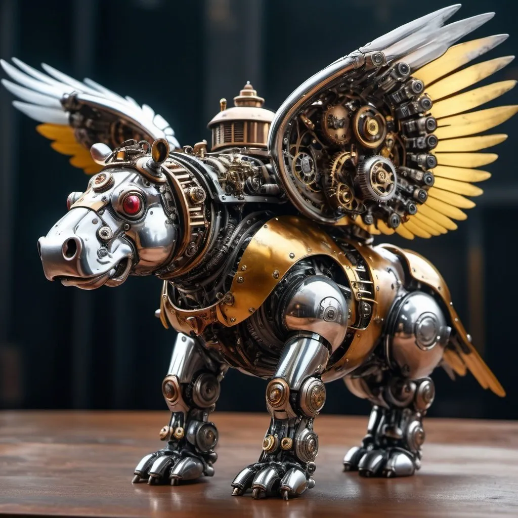 Prompt: All chrome & metallic primary colors, full body steampunk highly advanced cyborg flying winged-hippopotamus. intricate details, HDR, beautifully shot, hyperrealistic, sharp focus, 64 megapixels, highly detailed bismuth, mech mecha mechanical perfect composition, high contrast, cinematic, atmospheric, moody Professional photography, bokeh, natural lighting, canon lens, shot on dslr 64 megapixels sharp focus