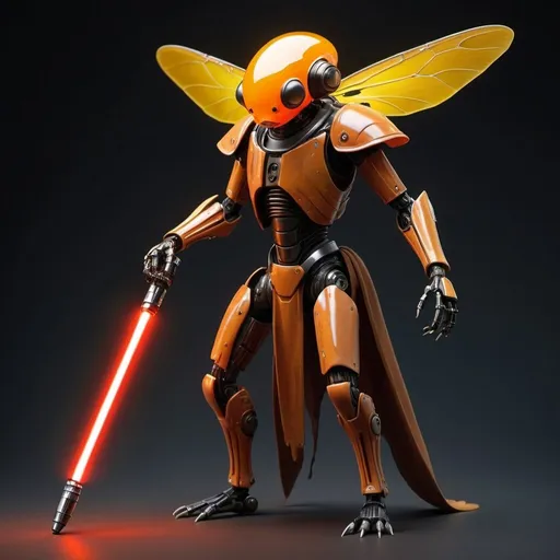Prompt: A bipedal firefly-alien-creature jedi knight with multiple robotic cyborg-modifications & an amberina colored glowing lower abdomen & a single, matching amberina-colored lightsaber blade on an obsidian handle. 