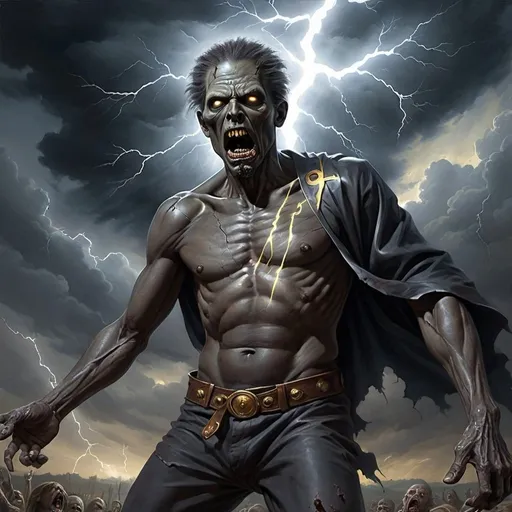 Prompt: A zombie-Zues is reconstituted millenia after his defeat by Yeshua, & is now up in dark storm clouds, hurling metallic black lightning in a tantrum. A masterpiece painting.