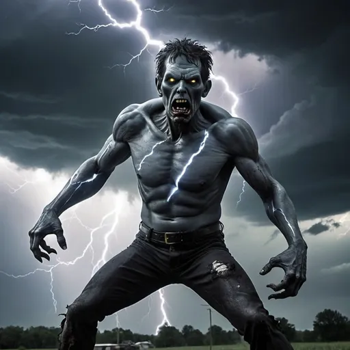 Prompt:  A zombie-Zues is up in dark storm clouds, hurling metallic black lightning in a tantrum. Photo quality image.
