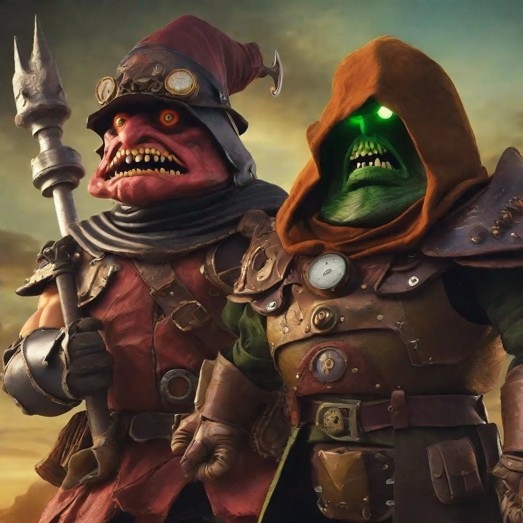 Prompt: MOTU Man-At-Arms & Orko are enraged. Steampunk photo realstic 