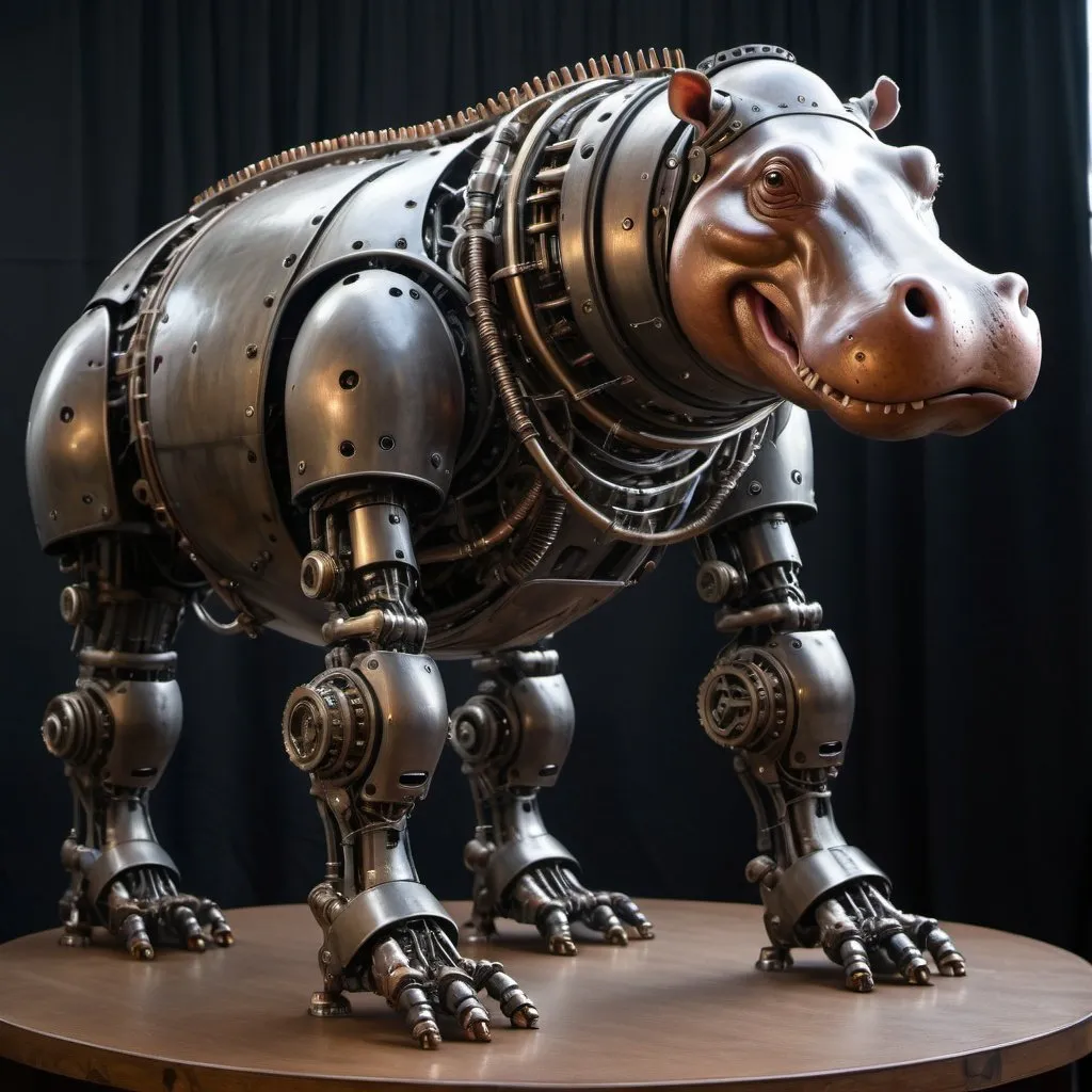 Prompt: 7 foot tall bipedal hippopotamus-humanoid cyborg creature highly advanced. bronze, hammered copper, brushed steel, pewter gray, black, transparent acrylic hatches, steampunk intricate details, HDR, beautifully shot, hyperrealistic, sharp focus, 64 megapixels, highly detailed mech mecha mechanical gears pistons cogs levers wires, perfect composition, high contrast, cinematic, atmospheric, moody Professional photography, bokeh, natural lighting, canon lens.