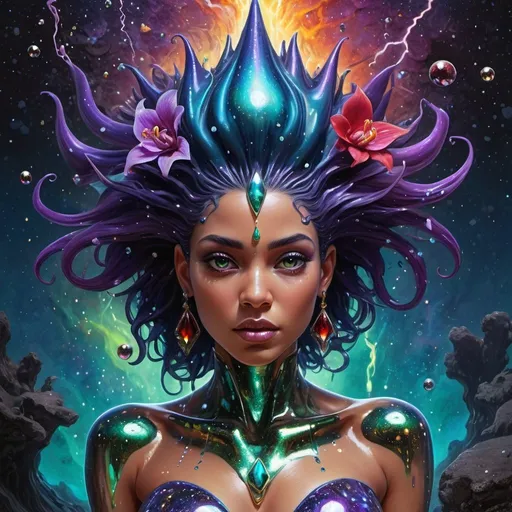Prompt: The full figure of an extremely beautiful, spiky hair-covered, female djinn rises & forms from an oil-slick puddle under a fantastic starscape with lightning bubbles, poisonous frog skin, & obsidian & opal orchids washing herself in a steaming hotspring on a lava field. Deep acrylic sparkling metallic emerald gold blue purple & red, cosmic iridescent, 3D psychedelic shading, full body image, dark fantasy!   high contrast, art deco, colorful polychromatic, explosive, intricate details, 8k resolution holographic astral cosmic illustration mixed media by Pablo Amaringo oil gouache, dynamic lighting! ultra quality, CGSociety