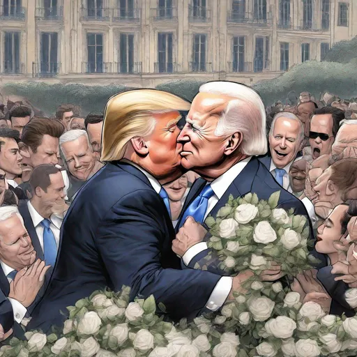 Prompt: Donald Trump & Joe Biden about to French kiss eachother.