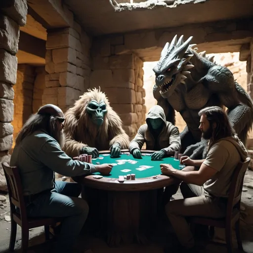 Prompt: El chupacabra, a sasquatch, a dragon & a gray alien play poker together in the ruins of an ancient megolithic structure. Cinematic film still, shot on v-raptor XL, film grain, vignette, color graded, post-processed, cinematic lighting, 35mm film, live-action, best quality, atmospheric, a masterpiece, epic, stunning, dramatic