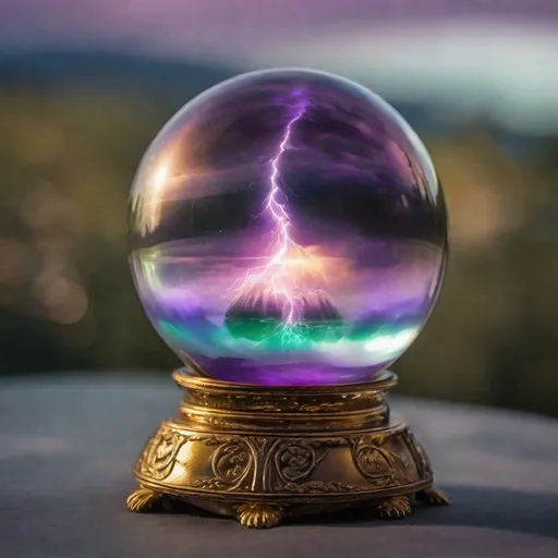 Prompt: A spectacular beachball-sized antique crystal ball with a thunderstorm & UFO inside of it & an iridescent gold, silver, copper, bronze & metallic purple & obsidian acrylic colored standing base on it, & green mists hanging in the air. Professional photography, bokeh, ultra quality, 8k resolution holographic astral cosmic, natural lighting, canon lens, shot on dslr 64 megapixels sharp focus intricate details, HDR, beautifully shot, hyperrealistic, sharp focus, 64 megapixels, perfect composition, high contrast, cinematic, atmospheric, acrylic, high contrast, colorful polychromatic, ultra detailed, 