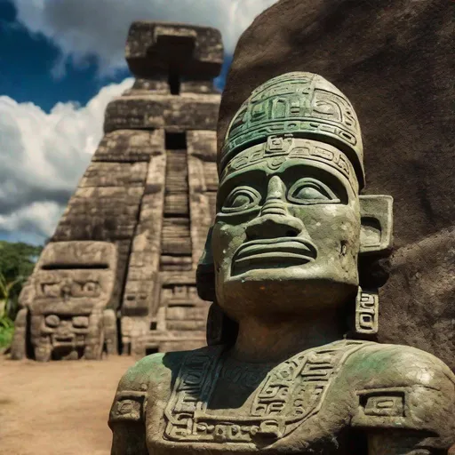 Prompt: Ancient Olmecs bow before ruthless extraterrestrial conquerers. Photo quality color perfect lighting 