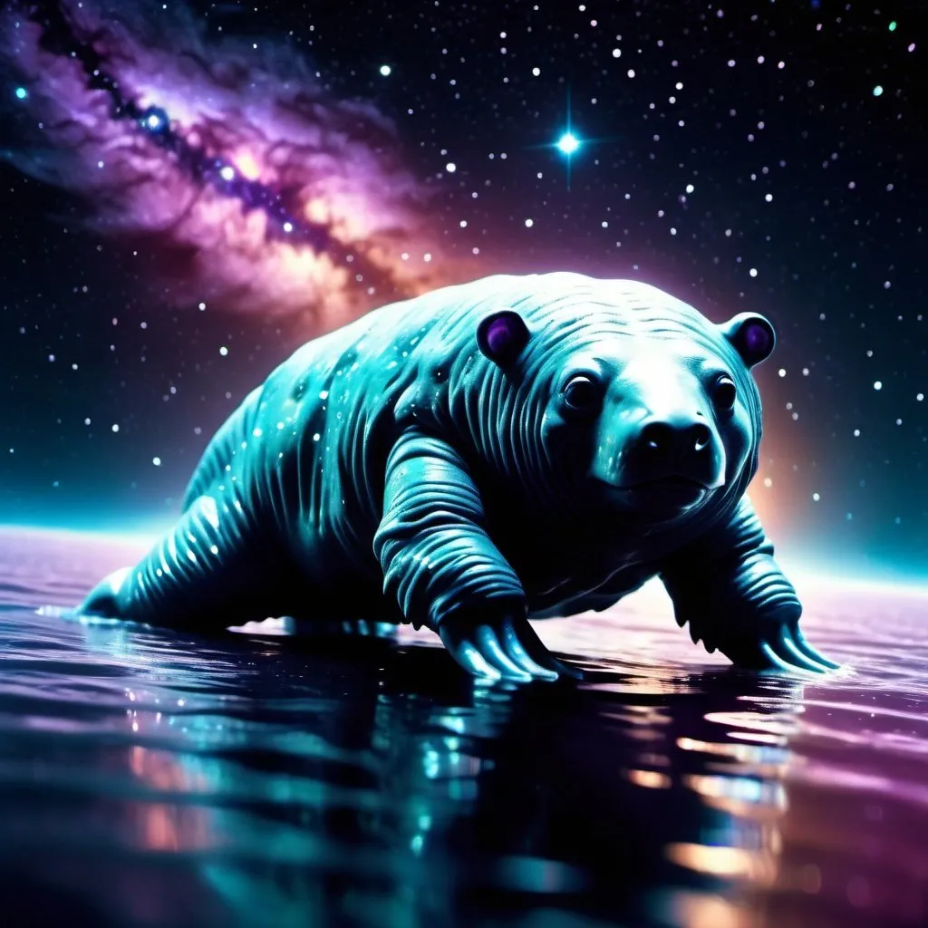 Prompt: A tartigrade-waterbear-giant creature swimming through a beautiful starscape in space. Cinematic film still, shot on v-raptor XL, film grain, vignette, color graded, post-processed, cinematic lighting, 35mm film, live-action, best quality, atmospheric, a masterpiece, epic, stunning, dramatic 8k resolution holographic astral cosmic illustration mixed media