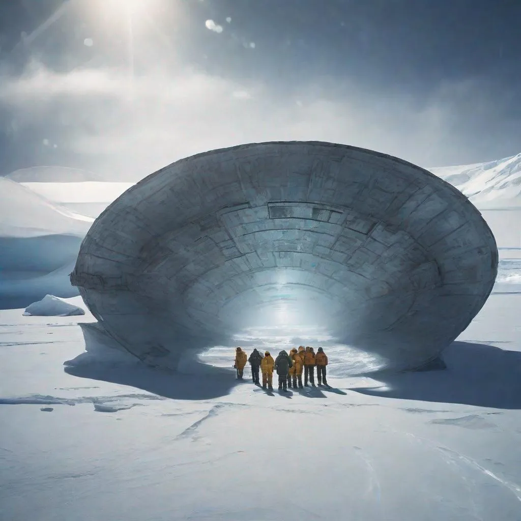 Prompt: Archeologists enter an alien ship uncovered in Antarctica. Photo quality color perfect lighting 