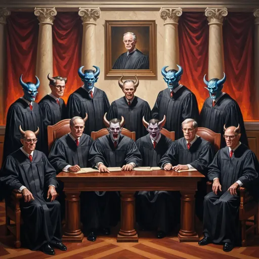 Prompt: Demons on the Supreme  Court. Classic painting style artwork masterpiece group portrait, Nine justices, perfect lighting, excellent compisition.