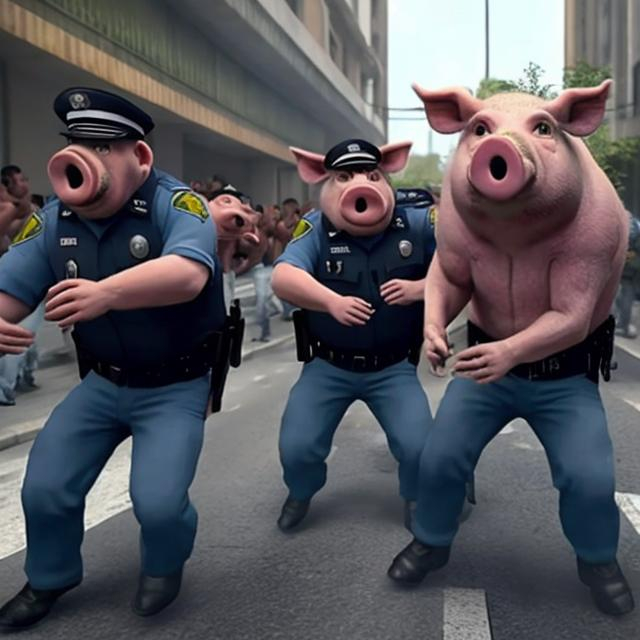 Two scared bipedal pig-cops in uniform are trapped,... | OpenArt