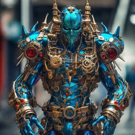 Prompt: CoVid humanoid supervillian with metallic teal base colored armor spotted with cobalt blue rings & bristling with red spike-protein shaped techno-interface connectors, & taller finer spike-protein head hair, & all chrome glass & gold accessories, weapons, & tools including grapple hook. Steampunk. intricate details, HDR, colorful polychromatic, beautifully shot, hyperrealistic, sharp focus, 64 megapixels, perfect composition, high contrast Professional photography, natural lighting, canon lens, shot on dslr 64 megapixels, color depth, dramatic, colorful background, high contrast, ultra detailed, ultra quality, a masterpiece, 8k resolution, hyperdetailed, volumetric lighting
