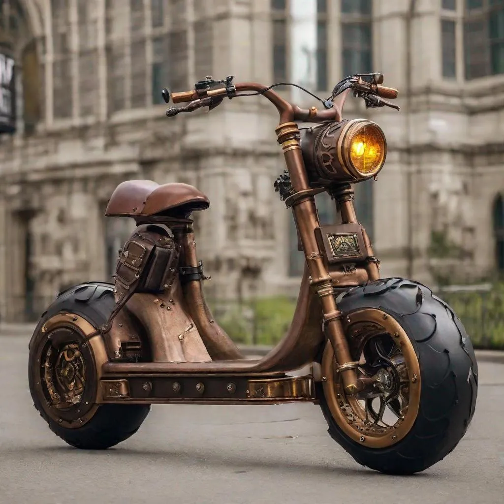 Prompt: A steampunk electric fat tire scooter.
