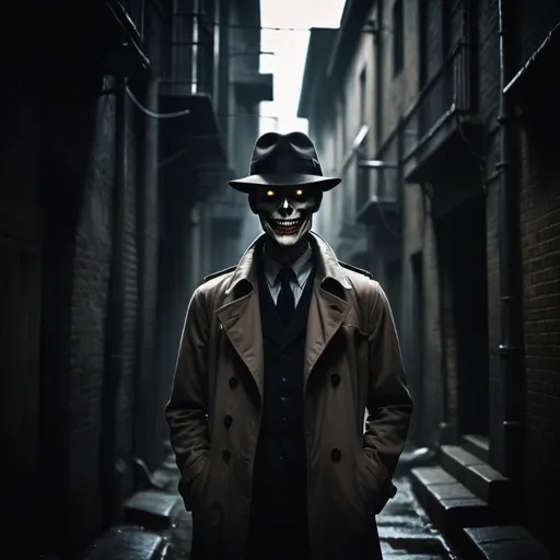 Prompt: An atmospheric scene of a tall, humanoid silhouette standing motionless in the shadows of an alley. The man is dressed in a trench coat and hat as dark as his form. His wide eyes glowing with excitement and his enormous, toothy grin are his only features distinguishable from the darkness. The scene reflects cinematic grandeur, captured in the style of a classic 35mm film. It is reminiscent of dramatic horror masterpieces with elegant vignetting, a touch of film grain, and exquisite, cinematic lighting. The shot should convey epic suspense and leave the viewer with a sense of stunning horror.