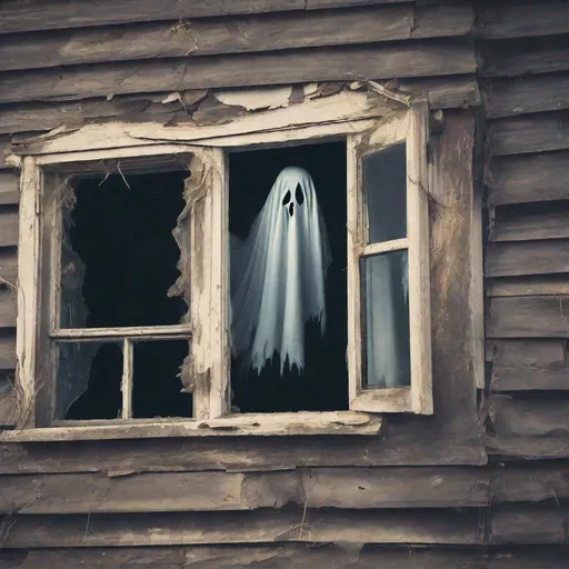 Prompt: An evil ghost peaks out of a window  of an abandoned haunted house.