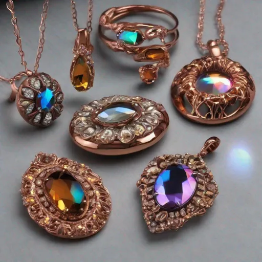 Prompt: The most beautiful unique metallic irridescent glass collection ever, copper bronze led mercury silver gold colored gems diamond copper.