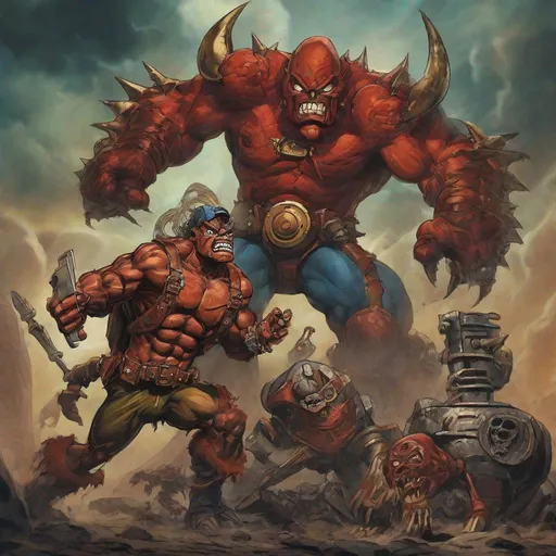 Prompt: MOTU Beast-Man & Skelator are enraged. Steampunk