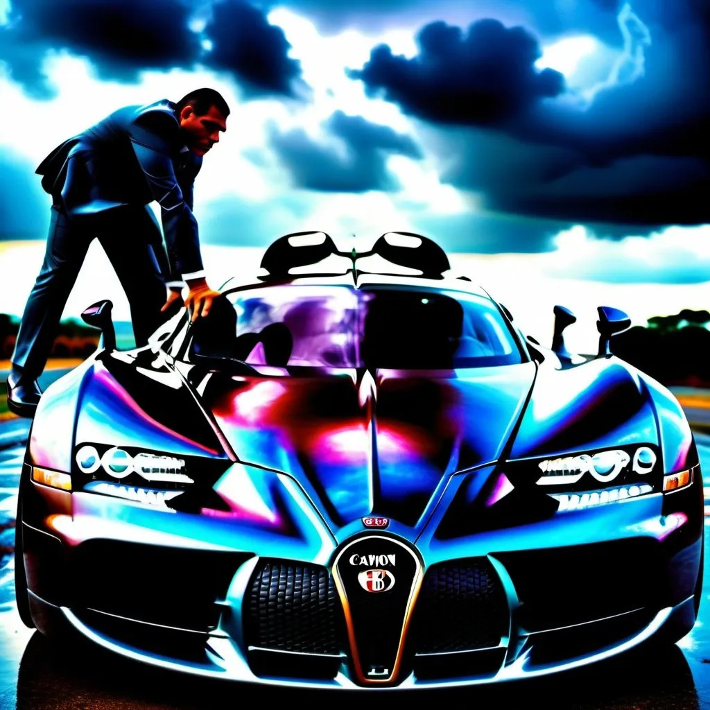 Prompt: A hippopotamus-reptilian hybrid creature in an expensive Armani suit leaning Bugatti sportscar under a dark storm cloud filled sky with dry lightning. Iridescent metallic colors, intricate details, HDR, beautifully shot, hyperrealistic, sharp focus, 64 megapixels, perfect composition, high contrast, cinematic, atmospheric, moody,. Professional photography, bokeh, natural lighting, canon lens, shot on dslr 64 megapixels sharp focus