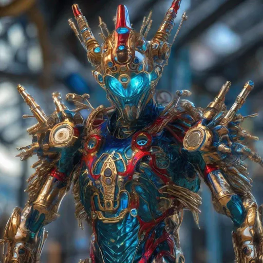 Prompt: CoVid humanoid supervillian with metallic teal base colored armor spotted with cobalt blue rings & bristling with red spike-protein shaped techno-interface connectors, & taller finer spike-protein head hair, & all chrome glass & gold & matching portal pillars. Steampunk. intricate details, HDR, colorful polychromatic, beautifully shot, hyperrealistic, sharp focus, 64 megapixels, perfect composition, high contrast Professional photography, natural lighting, canon lens, shot on dslr 64 megapixels, color depth, dramatic, colorful background, high contrast, ultra detailed, ultra quality, a masterpiece, 8k resolution, hyperdetailed, volumetric lighting