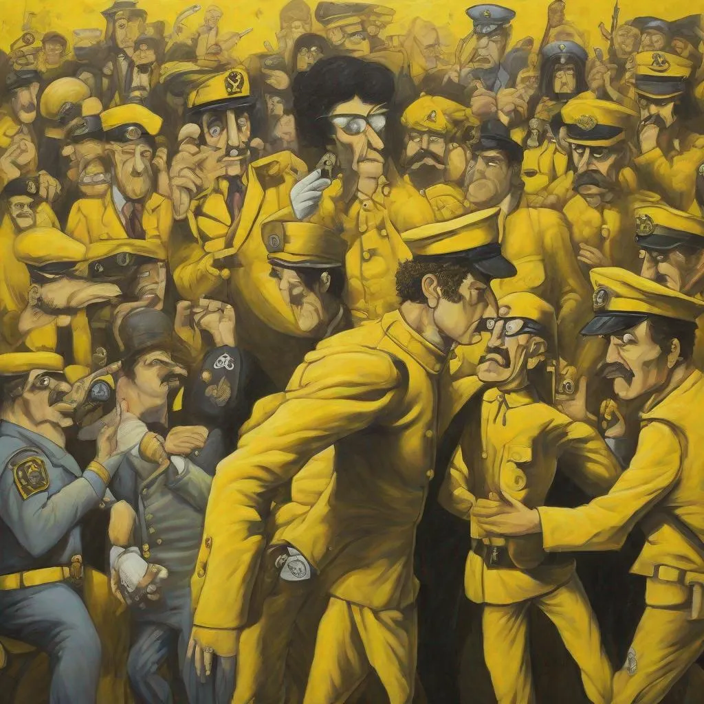 Prompt: A masterpiece painting in Yellow Submarine style depicting the evils or bad policing.
